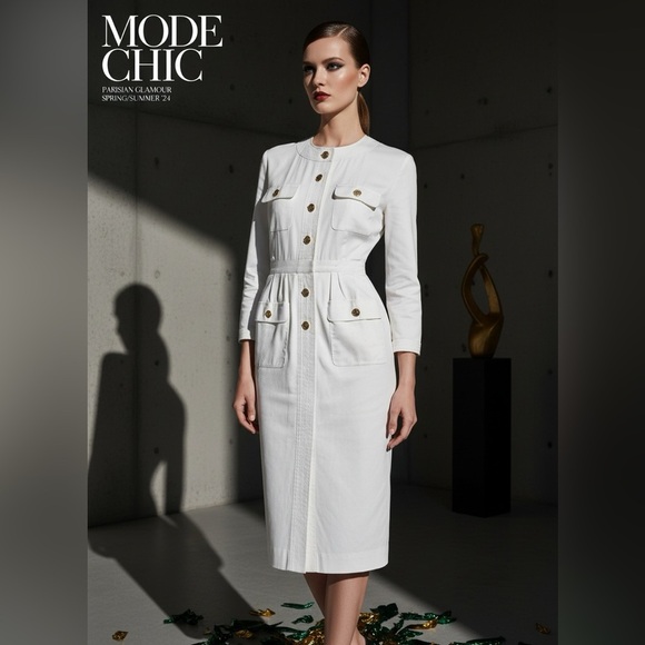 CHANEL Dresses & Skirts - Rare Vintage CHANEL Boutique Ivory Shirt Dress with Gold Medallion Buttons